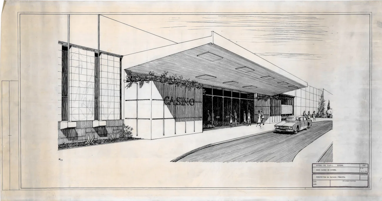Architect's ink perspective on a drawing sheet, lettered NOVO CASINO DO ESTORIL: a low modernist entrance under a deep cantilevered canopy, the word CASINO on the wall, figures walking in and a car pulling up, title block in the bottom right corner.