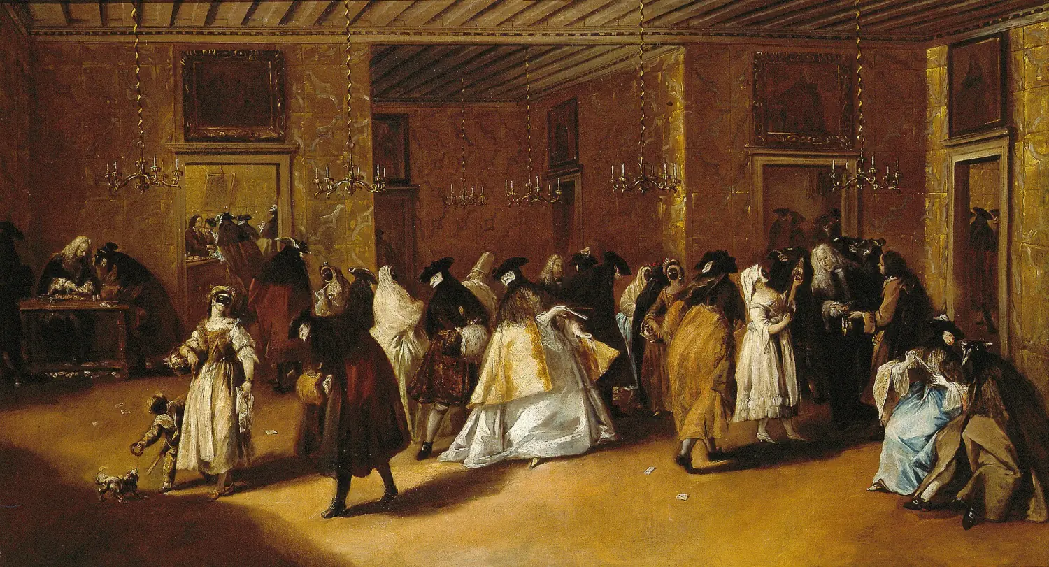 Francesco Guardi's painting of the Ridotto in Palazzo Dandolo: masked Venetian nobles standing in groups around card tables in a long, dim hall.
