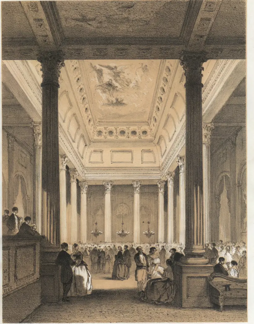 Tinted lithograph of the Salle de la Redoute at Spa: a tall hall between rows of Corinthian columns under a painted ceiling, crowded with figures in frock coats and wide crinoline skirts, an attendant leaning on a rail in the foreground.