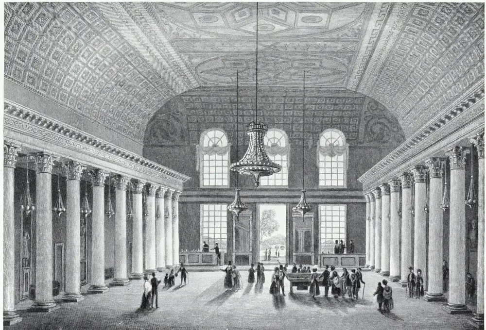 Engraving of the old Wiesbaden Kursaal interior: a long colonnaded hall under a coffered barrel ceiling, lines of Ionic columns down both sides, small groups of figures in early nineteenth-century dress standing around a table.